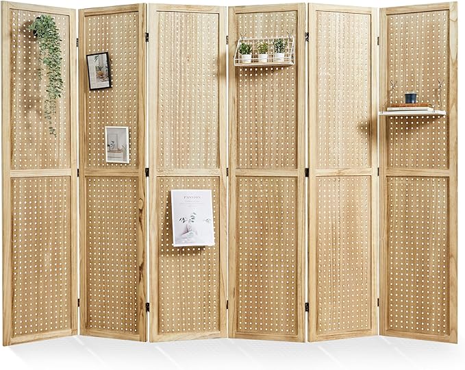 Pegboard Display, 5.6Ft Portable Freestanding Wall Organizer Wooden Room Divider Folding Privacy Screens for Craft Art Display Board (6 Panels, Natural)