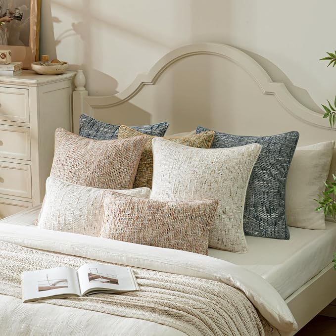 a moment Light Pink Reversible Pillow Covers 2 Pack - Farmhouse Chenille Velvet Throw Pillows, Neutral Textured Decorative Throw Pillow Covers with Border for Couch Sofa Bed (18x18 Inch, No Insert)