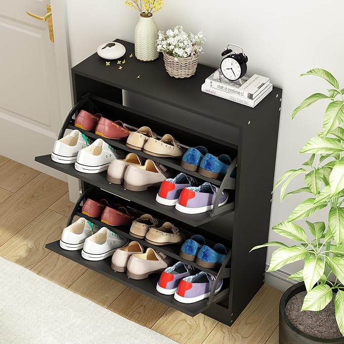 Shoe Cabinet Storage for Entryway, White Shoe Organizer with 2 Flip Drawers & Open Shelf, Freestanding Hidden Large Shoe Storage Cabinet (2pc-Black, 2 Flip Drawers)