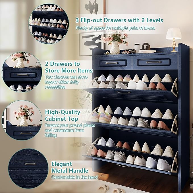 Shoe Cabinet with 3 Large Flip Drawers and 2 Storage Drawers, Narrow Shoe Organizer Cabinet Fits for Kinds of Shoes, Hidden Shoe Storage Cabinet for Entryway, Hallway, Blue