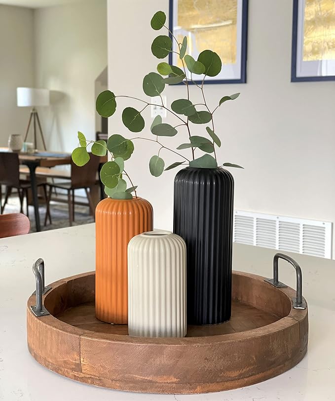 Rumi Decor Modern Ceramic Vases for Living Room, Coffee Table, Home, Fireplace, Shelf Accents, Dining Table - Black