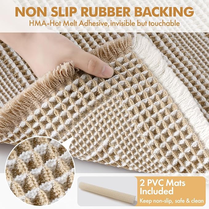 MIULEE Set of 2 Waffle Bathroom Rugs, Boho Bath Rug Super Absorbent, Non Slip Washable Ultra Soft Rubber Backed Shower Bath Mats for Floor, Tub, Shower, Looped Design, Brown & White, 24x36 Inch