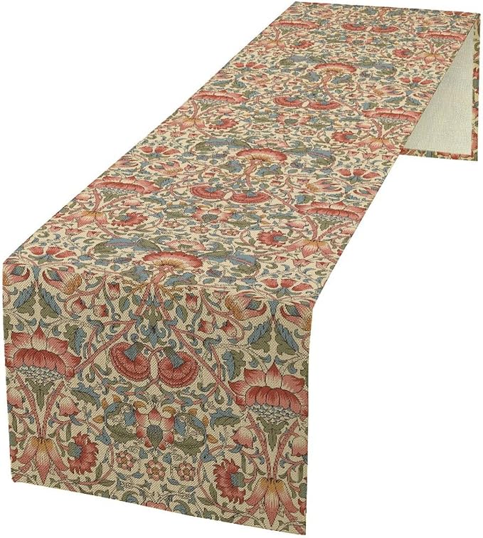 William Morris Floral Table Runner, Vintage Flowers Green Botanical Printed Table Runner for Home Kitchen Dining Table Decoration 13x108 Inch