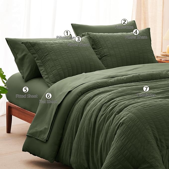 CozyLux Queen Comforter Set Olive Green Seersucker 7 Pieces Bed in a Bag Queen Comforter Set with Sheets, Luxury Bedding Sets with Down Alternative Comforter, Sheets, Pillowcases & Shams All Season