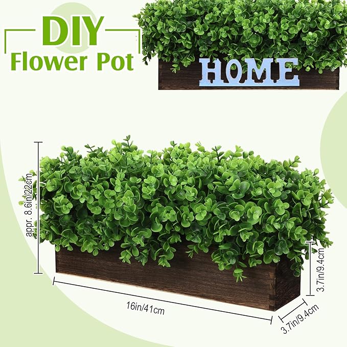 Lyrow 2 Pack Artificial Eucalyptus Plant in Rustic Rectangular Wooden Planter Box Greenery Faux Potted Herb Plant for Indoor Wedding Table Centerpiece (Emerald,16 x 3.7 x 8.7 Inches,Stylish Style)