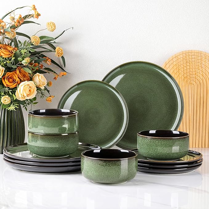 LeRatio Ceramic Dinnerware Sets,12-Piece Plates and Bowls,Handmade Reactive Glaze Dishes Set,Chip Resistant and Scratch Resistant | Oven Dishwasher & Microwave Safe,Service for 4-Green