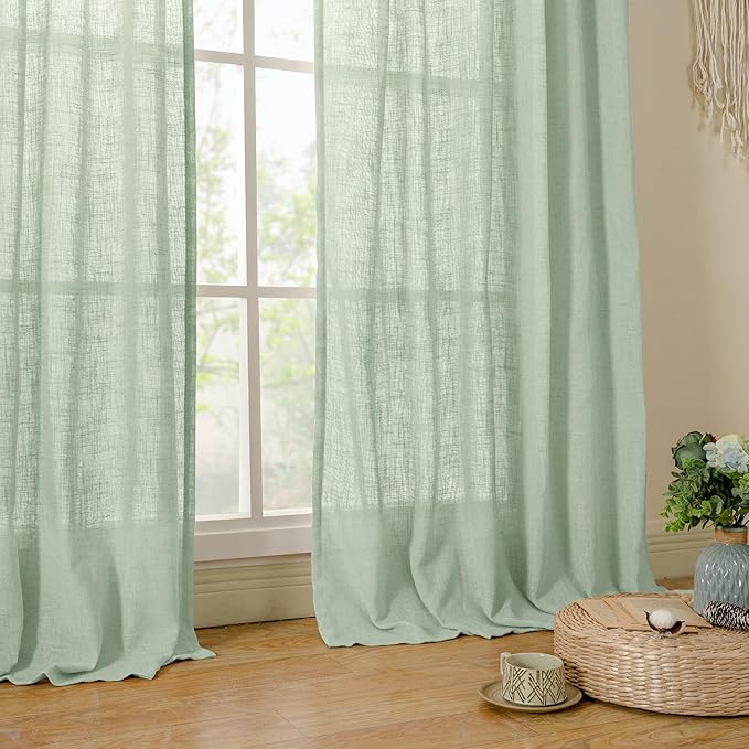 LAMIT Fresh Green Linen Curtains for Living Room, 78 Inch Faux Linen Textured Light Filtering Drapes Back Tab and Rod Pocket Boho Panels for Farmhouse/Bedroom/Porch, 52 x 78 Inch, 2 Panels Set