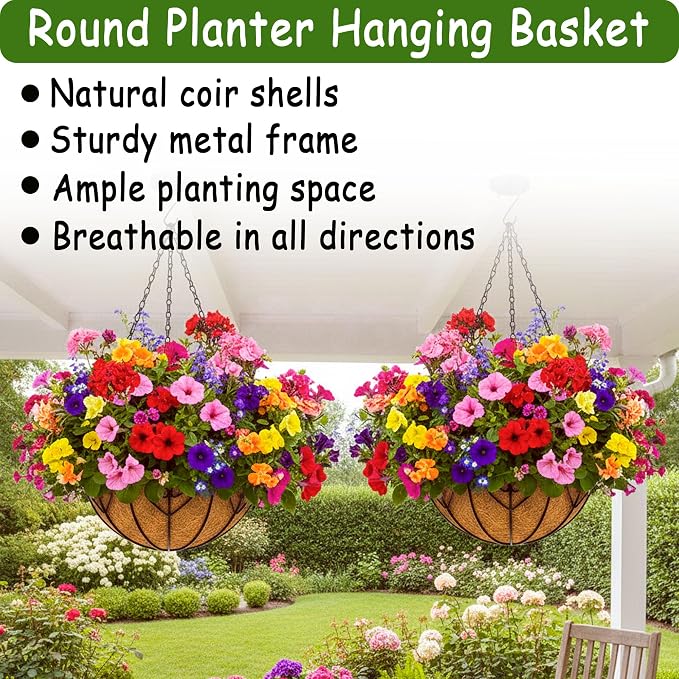 4pcs 14 inch Metal Hanging Baskets Round Wire Plant Stand with Coco Lining Cushion Decorative Planter Hanger Garden Indoor Outdoor Watering Hanging Basket （AX）