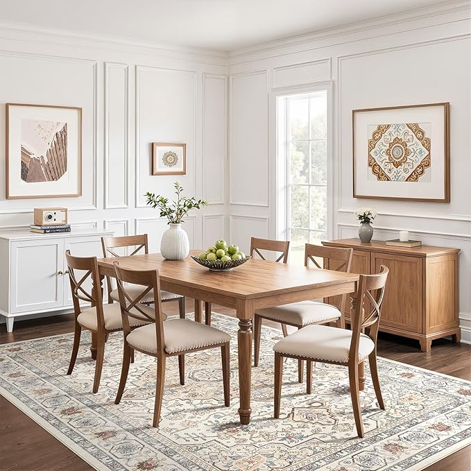 9x12 Area Rug Living Room: Washable Boho Large Neutral Vintage Soft Rugs Stain Resistant Farmhouse Non Slip Indoor Floor Carpet for Bedroom Nursery Kids Playroom Office Dining Room- Cream Blue