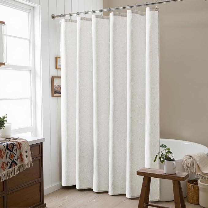 Naturoom Boho Linen Shower Curtain 76 Inch Length Country Farmhouse Cottage Bath Decor Shower Curtains Neutral Cloth Weighted Textured Fabric Bath Curtain,72x76