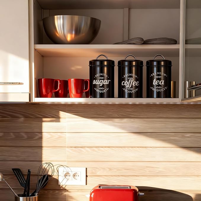 3 Piece Food Jars Canisters Sets, Airtight Coffee Container, Tea Organizer, And Sugar Canister, Rustic Farmhouse Decor for Kitchen Countertop (Black)