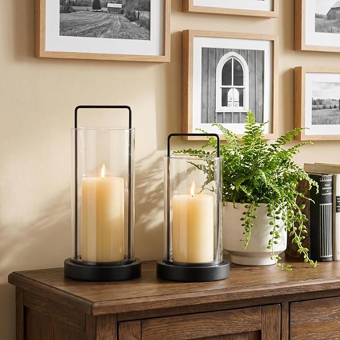 Modern Black Metal & Wood Hurricane Candle Holder Set of 2 Boho Farmhouse Glass Lantern for Table Centerpieces Decorative Pillar Candle Holders for Living Room, Patio, Centerpiece Decor(2, Black)