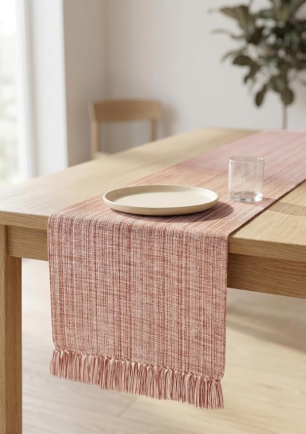 PurpleEssences Rust Chambray Table Runner with Fringes - 100% Cotton, 13x72 Inch - Rustic Farmhouse Table Décor, Reusable, Machine Washable for Dining Tables - Spring Easter Summer - Rust & H.White