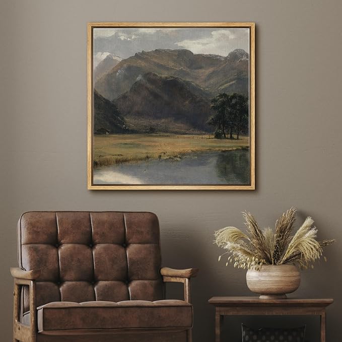 SIGNFORD Framed Canvas Print Wall Art Serene Mountain Valley Pastoral Landscape Nature Wilderness Illustrations Rustic Zen Colorful for Living Room, Bedroom, Office - 16"x16" Natural
