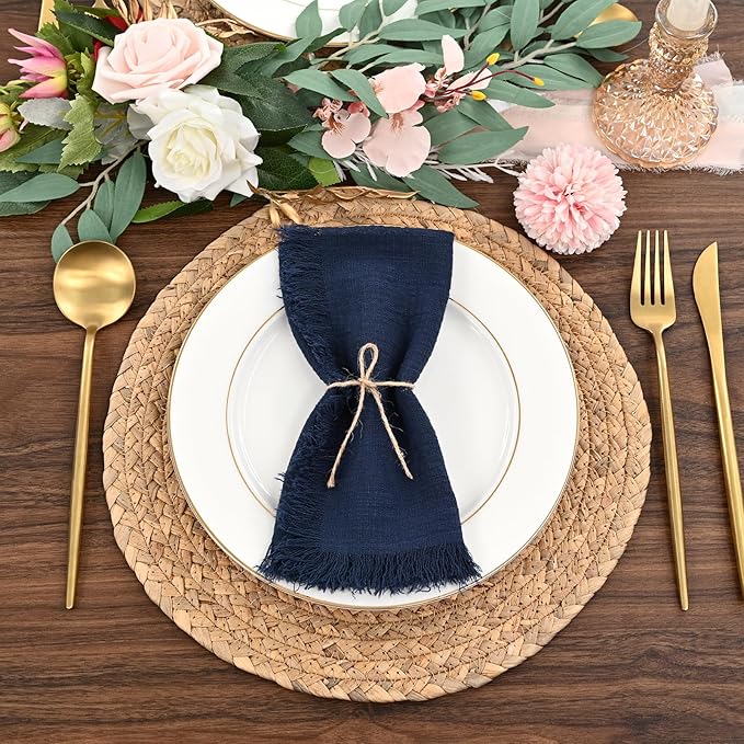 36 Pack Navy Blue Cotton Linen Napkins - 16 x 16 Inch Fringed Soft Washable Rustic Dinner Napkins for Wedding Party Dinner Table