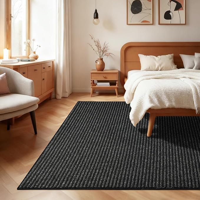 Softlife 5x7 Rugs for Living Room Faux Jute Area Rug Washable Modern Bedroom Rugs Large Non-Slip Farmhouse Floor Carpet for Dining Room Hallway Office Kitchen Entryway, Black