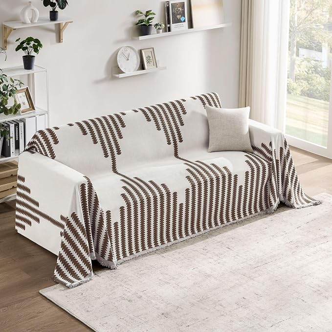 Couch Cover Boho for Dogs Washable Mocha Couch Covers for 2 Cushion Couch, Chenille Sectional Couch Covers L Shape Sofa Cover, Furniture Protector for Kids, Pets, Mocha 71" X134"
