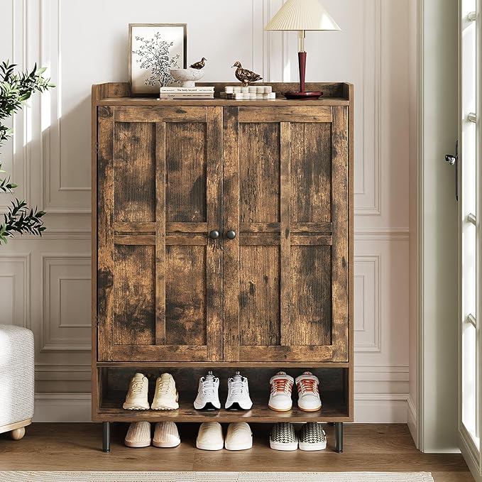 ComfyCorner Brown 7+1 Tier Farmhouse Shoe Storage Cabinet - 45" Tall Entryway Organizer with Cross Molding Doors, 3 Adjustable Shelves & Metal Legs, Shoe Rack for Front Door Entrance