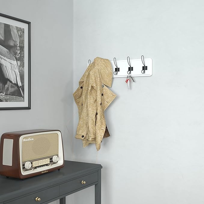 Flash Furniture Daly Wall Mounted Storage Rack - Solid White Solid Pine Wood - 24 Inch - 5 Hanging Hooks - for Entryway, Kitchen, Bathroom