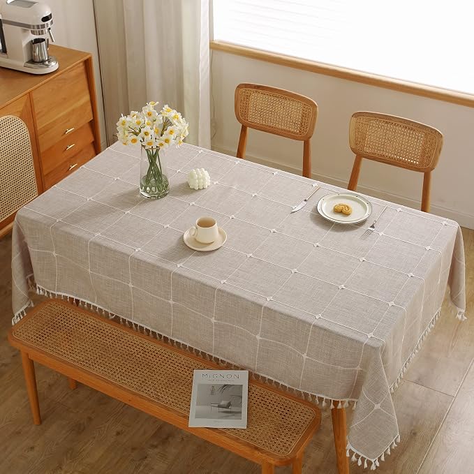 JIALE Tablecloths for Rectangle Tables,Cotton Linen Table Cloth Waterproof Tablecloth Wrinkle Free Farmhouse Dining Tables Cover,Soft Fabric Table Cloths with Tassels, Plaid, 55" X 120",10-12 Seats