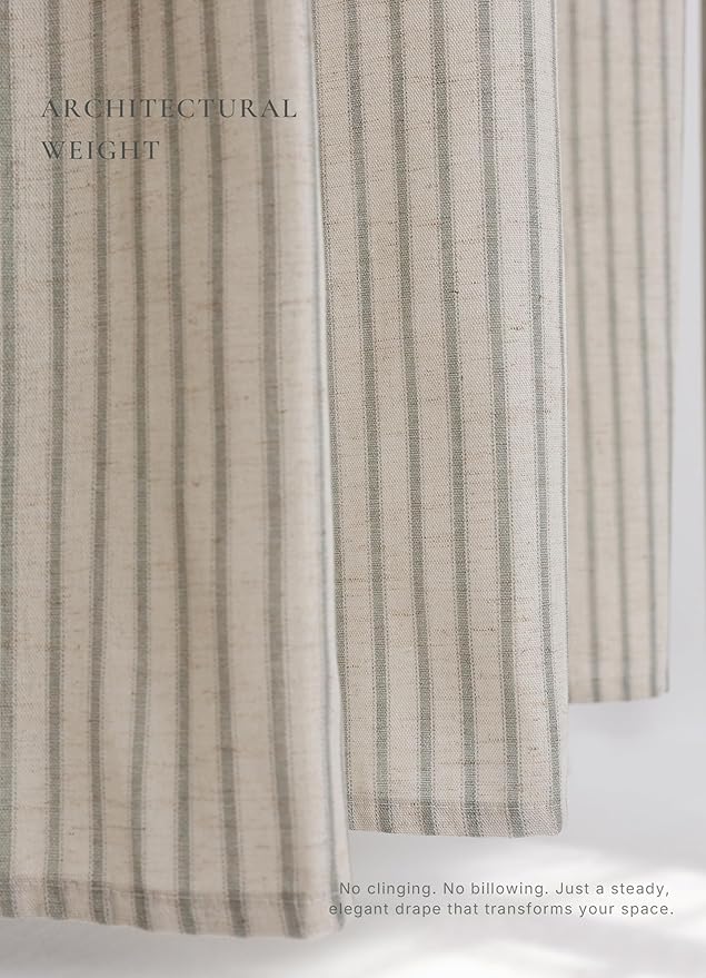Farmhouse Striped Shower Curtain - 72x84 Inches, Linen Blend Fabric, Breathable & Machine Washable, Rustic Sage for Bathroom Decor (Hooks/Liner Not Included)