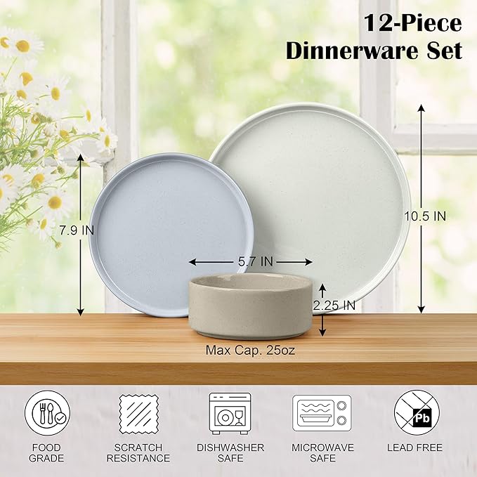 E-far Stoneware Dinnerware Sets, 12-Piece Plates and Bowls Dish Set for 4, Kitchen Modern Dinning Ware, Chip and Scratch Resistant, Microwave & Dishwasher Safe, Speckled Multicolor