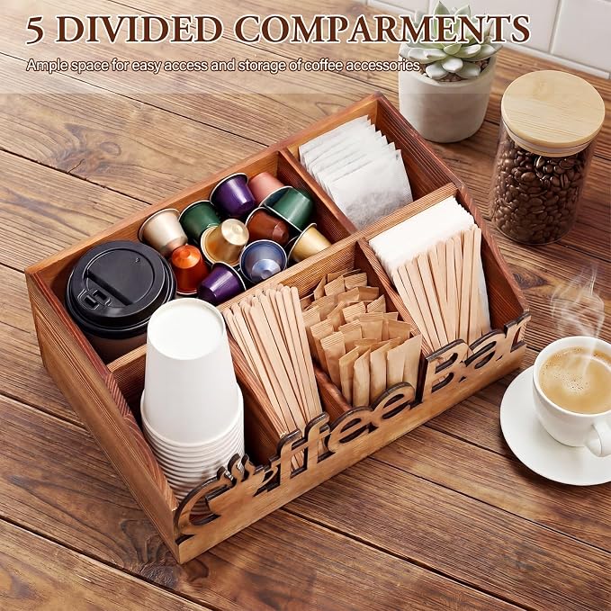 Coffee Station Organizer for Counter Wood Countertop Accessories Organizer Coffee Pods Holder Storage Basket for Pods Condiment Syrup Tea Cups Stirrers for Rustic Bar Decoration(Natural)