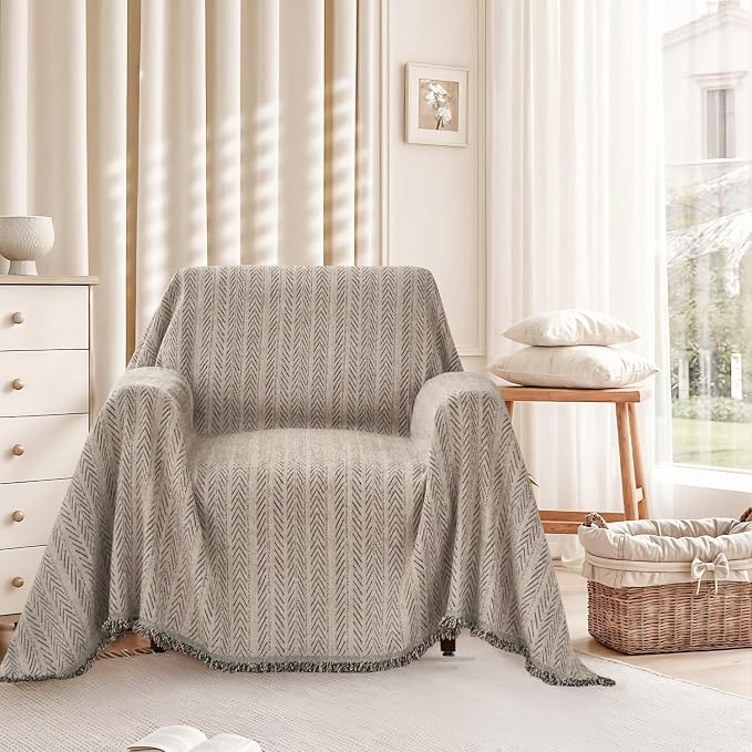 Chenille Couch Cover for Sofa Non Slip Cover Washable Pet Couch Covers Tassel Armchair Sofa Slipcovers Dog Scratch Furniture Protector Blanket for Living Room,Camel Brown 71"x71"