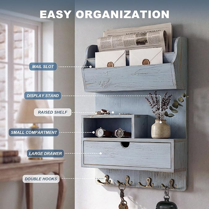 Rebee Vision Pine Wood Key Holder Wall Mount for Home Decor – Farmhouse Key Holder for Wall with Shelf & Drawer Storing Small Items- Ideal Room Decor Aesthetic(Blue)