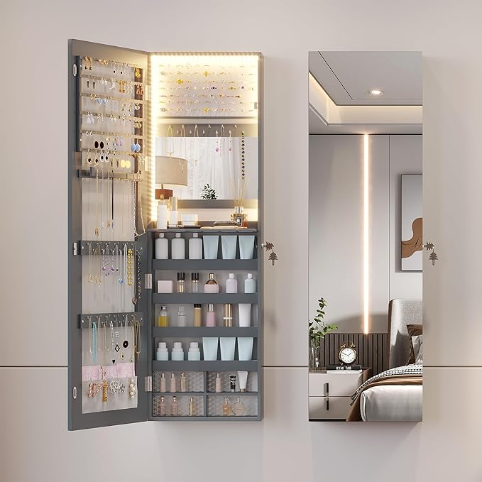 47.2" LED Jewelry Mirror Cabinet, Wall/Door Mounted Jewelry Armoire Organizer with Full Length Mirror, Large Storage Hanging Cabinet, 4 Drawers, 5 Shelves, Built-in Lighted Mirror (Grey)