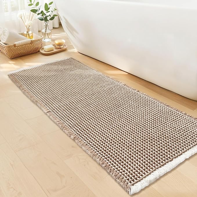 Waffle Bath Mat - Boho Bathroom Rugs Non Slip Washable, Super Absorbent & Quick Dry, Soft Bath Mat Farmhouse Bathroom Decor, 20'' x 48'', Khaki and White