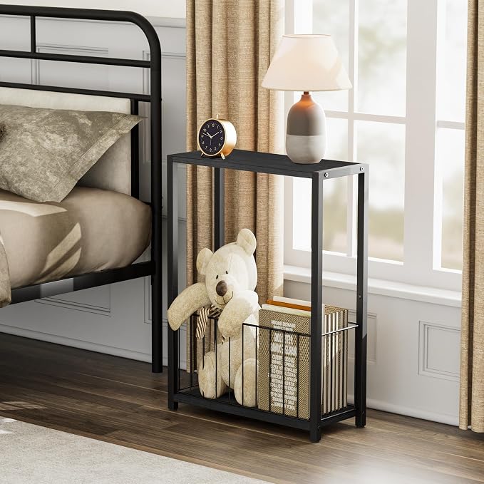 Homleke Narrow Side Table with Magazine Holder, Skinny End Table Perfect for Small Spaces, Space-Saving Design for Living Room, Bedroom, or Office, 7.1" D x 16.9" W x 23.6" H, Black