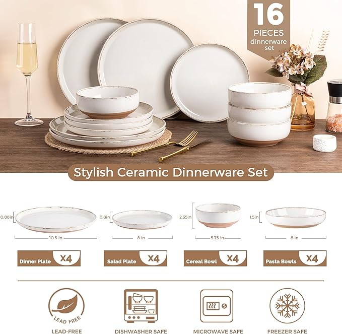 AmorArc Dinnerware Sets with Pasta Bowls for 4, Handpainted Stoneware Plates and Bowls Set with Rustic Terracotta Underside, Scratch Resistant Dishes Set, Dishwasher & Microwave Safe, 16 Pcs
