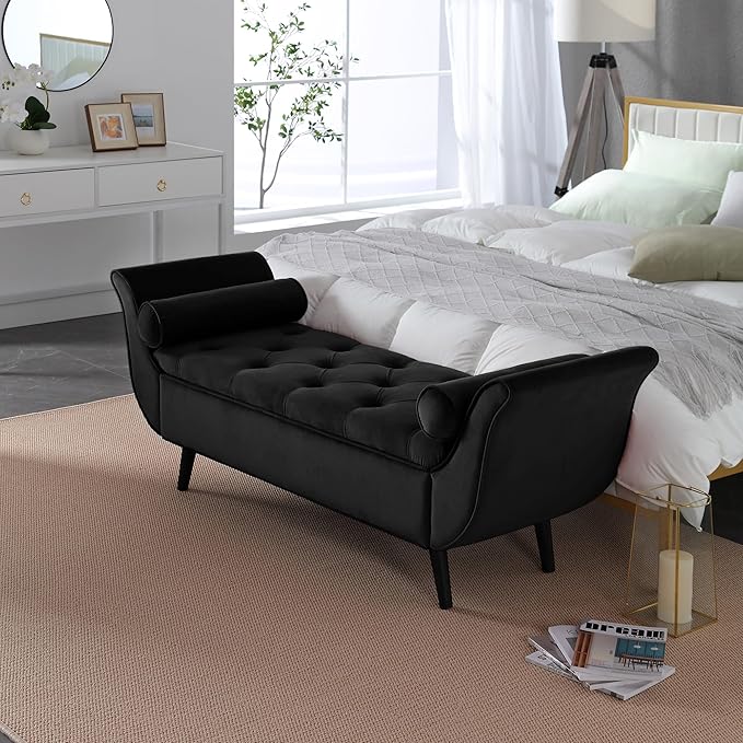 65" Velvet Storage Bench, 65" Vintage Upholstered Rolled Armed Button Tufted Stool Bench for Bedroom, Living Room, Entryway, Hallway, Dressing Room (Black)