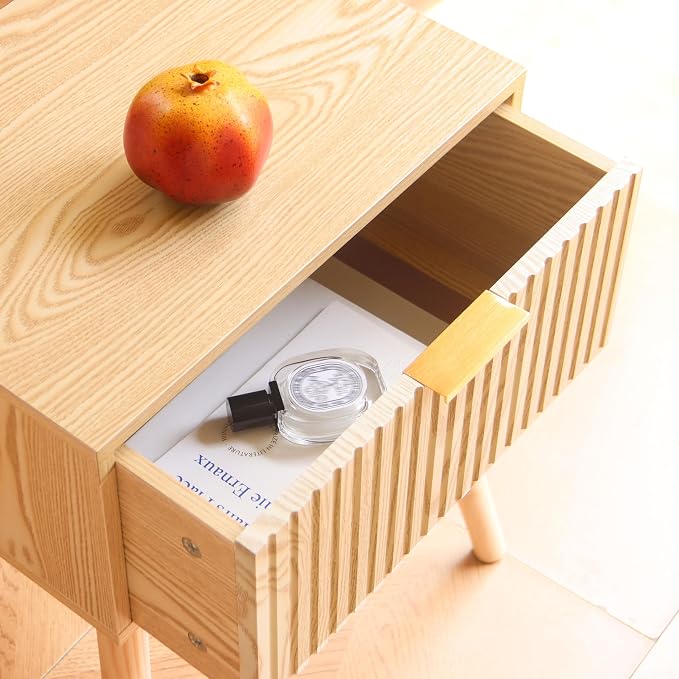 AWASEN Fluted Nightstand, Small End Tables Living Room, Wood Bedside Side Table with Storage Drawer for Bedroom and Small Space, Natural