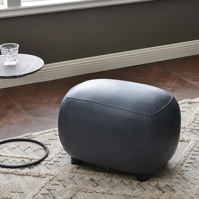 KINWELL 23" Wide Faux Leather Upholstered Ottoman, Mid-Century Modern Living Room Footrest with Soft Padded Seat, Footstool for Bedroom, Entryway or Living Room, Navy