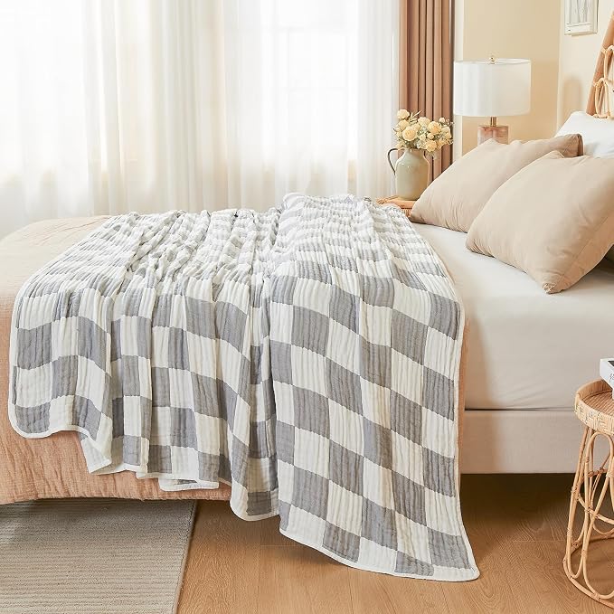 EMME Cooling Muslin Queen Blanket for Bed - Checkered Lightweight Summer Cotton Blankets of Rayon Derived from Bamboo for Hot Sleepers, Ultra Soft Breathable Gauze