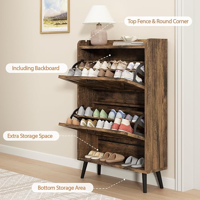 Shoe Storage Cabinet for Entryway, Set of 2, Hidden Shoe Cabinet with 2 Flip Drawers, Narrow Slim Shoe Cabinet for Hallway, Free Standing Wooden Shoe Organizer Shoe Rack, Rustic Brown