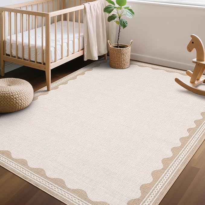 GarveeHome Scalloped 4x6 Rug Non-Slip Washable Low-Pile Carpet - Solid Beige Modern Rugs for Bedroom Living Room Nursery Kitchen Entryway Indoor Mat with Rubber Back