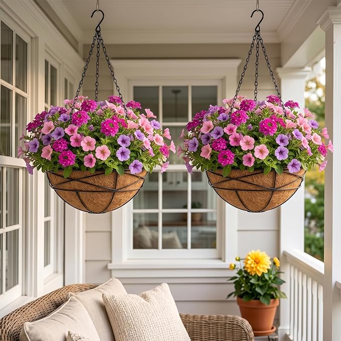 2 Pack 12 Inch Hanging Planters for Outdoor Plants Metal Watering Flower Baskets with Coco Liner for Hanging Pot Round Plant Holders Planter for Outside Garden Decor