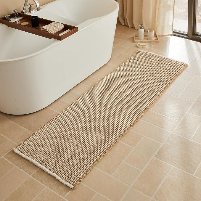 Triohero Waffle Runner Bath Mat - Long Bathroom Rugs Non Slip Washable, Ultra Soft Super Absorbent Quick Dry Boho Farmhouse Bathroom Decor, 24" x 72", Khaki & White