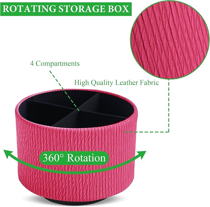 Round Leather Art Supply Organizer,Remote Control Holder,360 Degree Spinning,Multi-Functional Pencil Holder,4 Compartments Desktop Stationary Organizer(1-Vertical Wood Red)