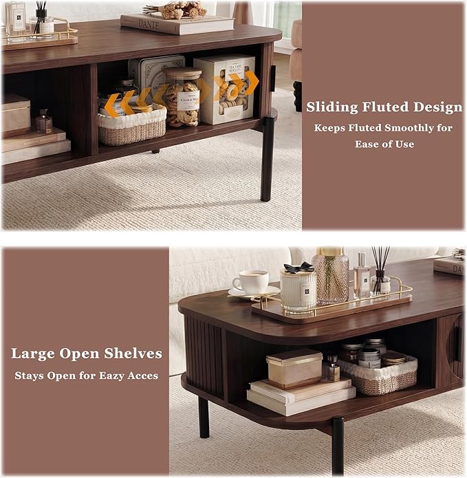 Coffee Table, Fluted Coffee Tables for Living Room, Mid Century Modern Coffee Tables with Storage Open Shelf, Walnut Coffee Table with Sliding Cabinet Door, 2-Tier Rustic Wood Desktop