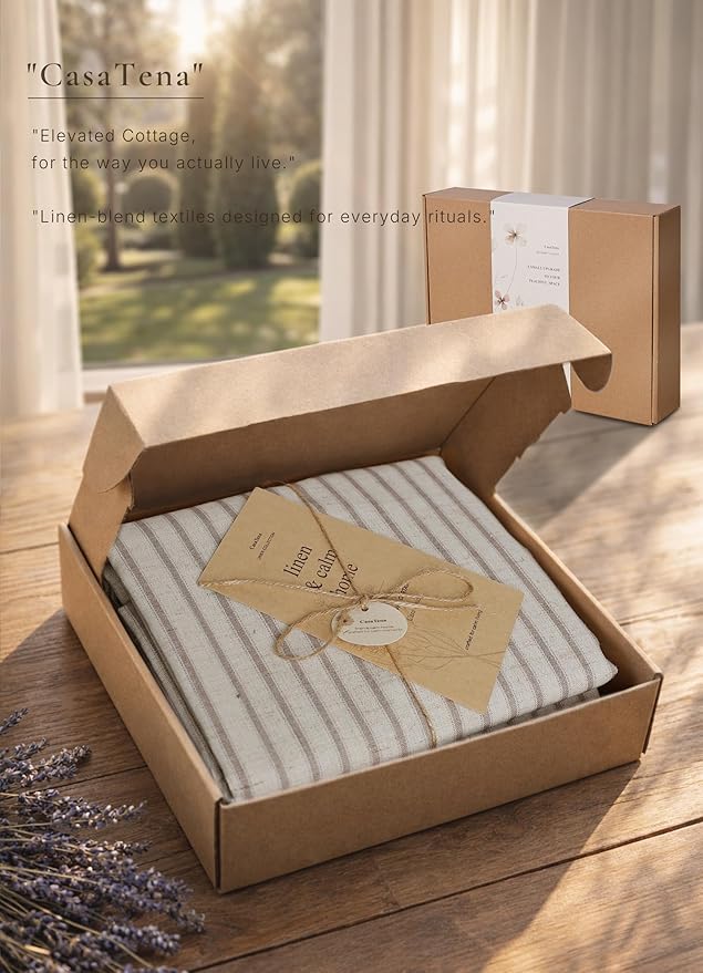 Farmhouse Striped Shower Curtain - 72x84 Inches, Linen Blend Fabric, Breathable & Machine Washable, Rustic Taupe for Bathroom Decor (Hooks/Liner Not Included)