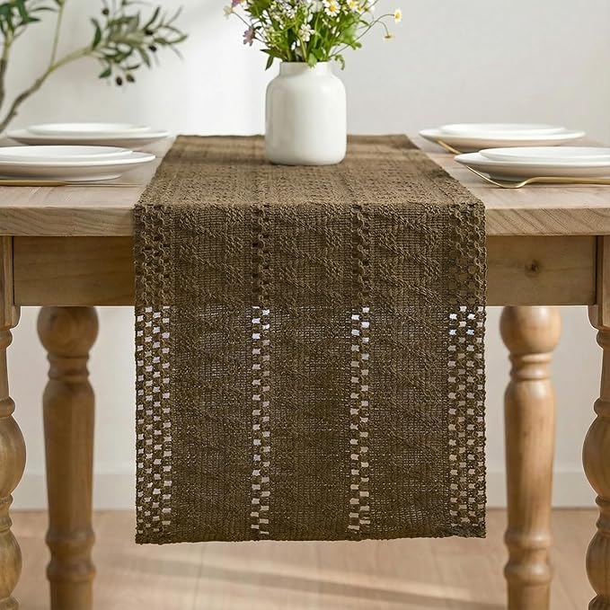 Artoid Mode Light Coffee Farmhouse Woven Rustic Hollow Table Runner, Seasonal Holiday Hollow Kitchen Dining Table Decoration for Home Party Decor 12x108 Inch