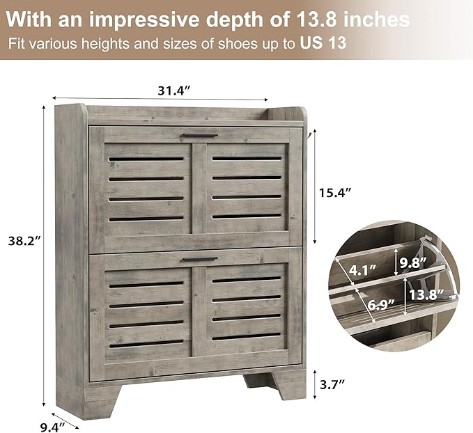 Garvee Shoe Storage Cabinet with 2 Flip Drawers, Freestanding Shoe Organizer Storage for Entryway with 2 Side Hooks, Farmhouse Hidden Slim Narrow Shoe Rack Cabinet, Gray