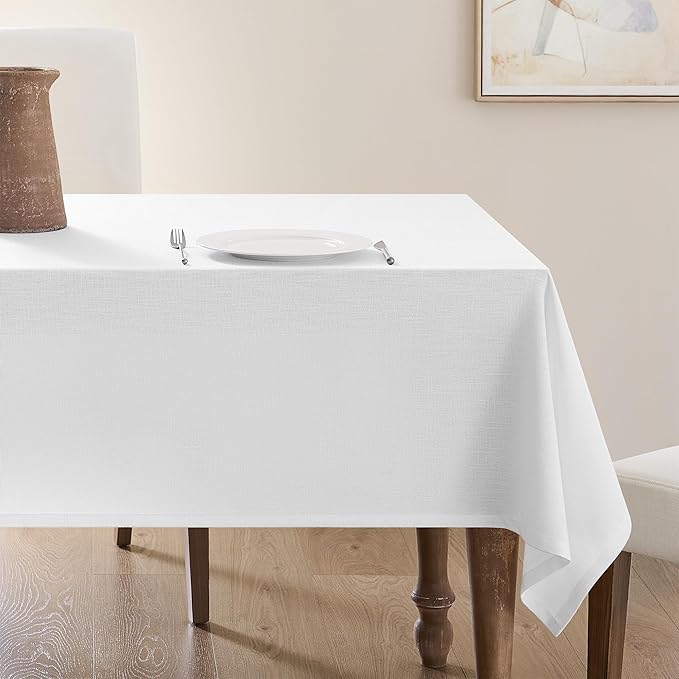 White Linen Square Tablecloth Neutral Wrinkle-Proof Faux Burlap Table Clothes for Dining 55 x132