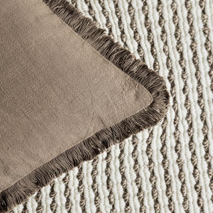 Foindtower Set of 2 Decorative Linen Fringe Throw Pillow Covers Cozy Boho Farmhouse Cushion Cover with Tassels Soft Accent Pillowcase for Couch Sofa Bed Living Room Home Decor, 22×22 Inch, Light Brown