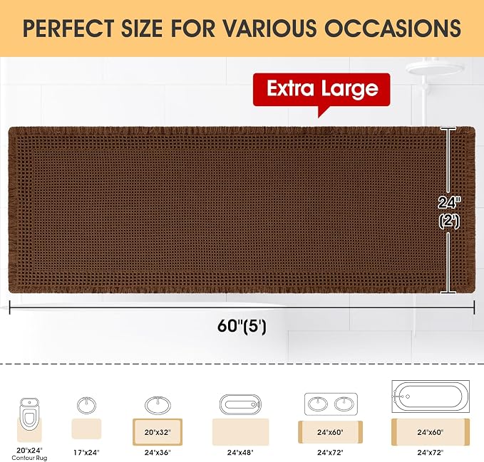 Extra Large Waffle Bath Mat, Boho Woven Modern Bath Rug Absorbent Non Slip, Ultra Soft Bathroom Mats, Machine Washable Knit Bath Rugs with Border for Bathroom, Bedroom, Kitchen, Tub, 5'x2', Brown