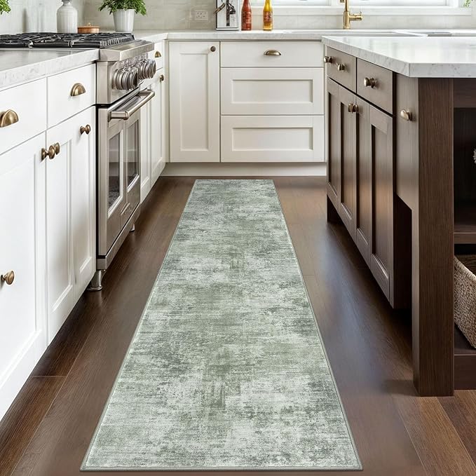 IOHOUZE Abstract Runner Rug 2x8 Ft Washable Runners for Hallways, Non Slip Kitchen Runner Printed Faux Wool Entryway Runner Indoor, Modern Abstract Floor Carpet for Hall Kitchen Bedroom, Sage Green